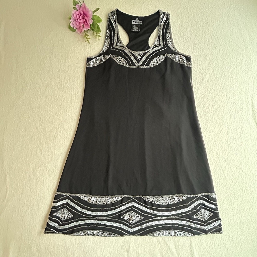 Angie Black Beaded Sequin Mini Dress Racerback Art Deco Flapper Y2K Size S